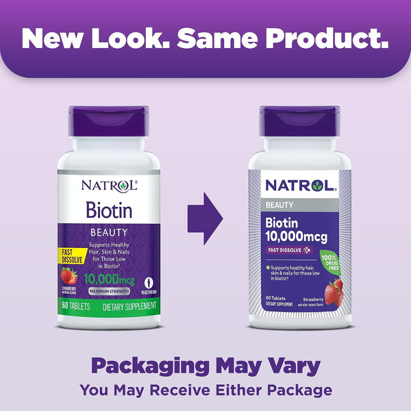 Natrol Biotin 10000mcg, 4X Faster Dissolve Supplement for Healthy Hair, Skin and Nails for Those Low in Biotin, Plus Energy Metabolism Support, 60 Tablets, Up to a 60 Day Supply