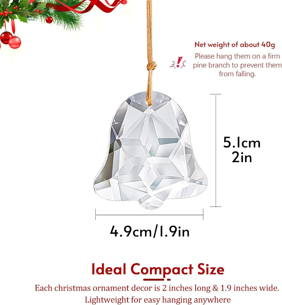 6 Pcs 2 Inch Faceted Crystal Bell Christmas Tree Hanging Ornament