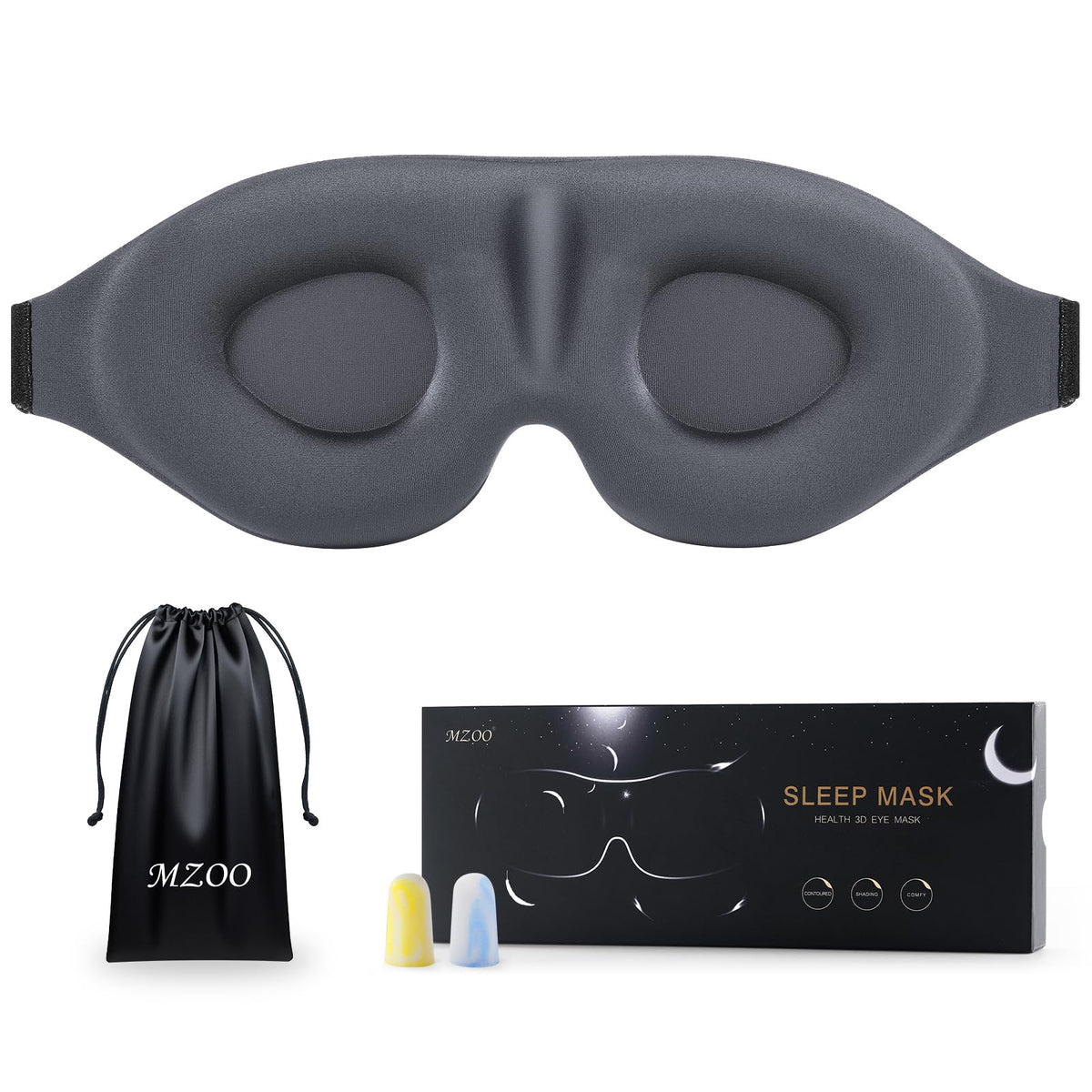 MZOO Luxury Sleep Mask for Women Men Patented Light Blocking Design | Zero Eye Pressure, 3D Contoured Sleeping Mask for Side Sleeper, Breathable, Adjustable, for Travel, Black