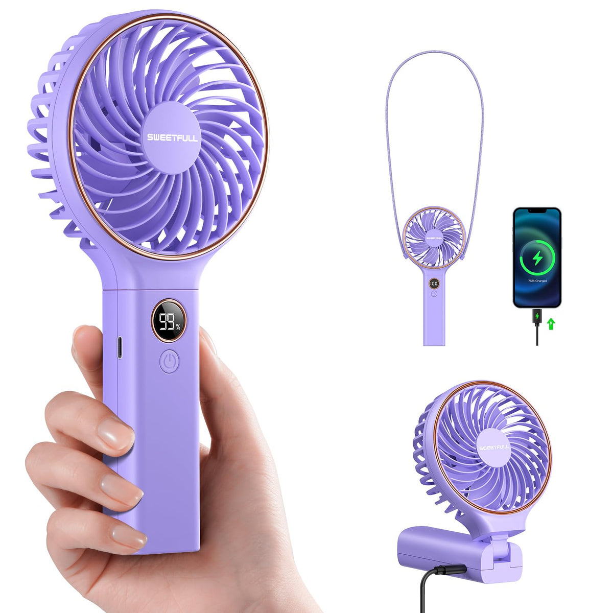 SWEETFULL Handheld Portable Fan, 5000mAh Rechargeable Battery, 6 Speed Wind, LED Digital Display, Foldable Electric Personal Mini Travel Fan with Backup Power, Summer Essentials Gifts for Women Girl