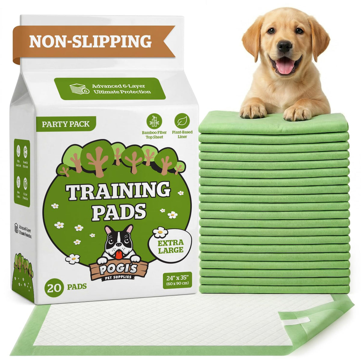 Pogi’s Puppy Pads with Sticky Tabs – Medium, Super Absorbent, Odor Blocking, 40-Count (18x24in)