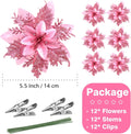 FurRain Christmas Poinsettia Artificial Flowers Decorations 5.5" Christmas Tree Wreaths Garland Decoration 12 Pcs Glitter Flowers Picks Decor for Xmas New Year Wedding Party Ornaments (Pink)