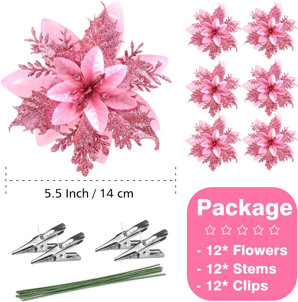 FurRain Christmas Poinsettia Artificial Flowers Decorations 5.5" Christmas Tree Wreaths Garland Decoration 12 Pcs Glitter Flowers Picks Decor for Xmas New Year Wedding Party Ornaments (Pink)