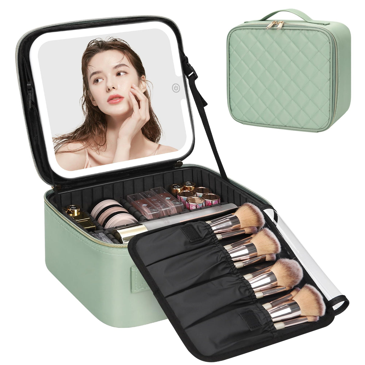 Relavel Travel Makeup Bag With LED Mirror, Cosmetic Train Case with Light up Mirror, Portable Makeup Artist Organizer Bag with Adjustable Dividers, Makeup Brush Holder Storage, Black