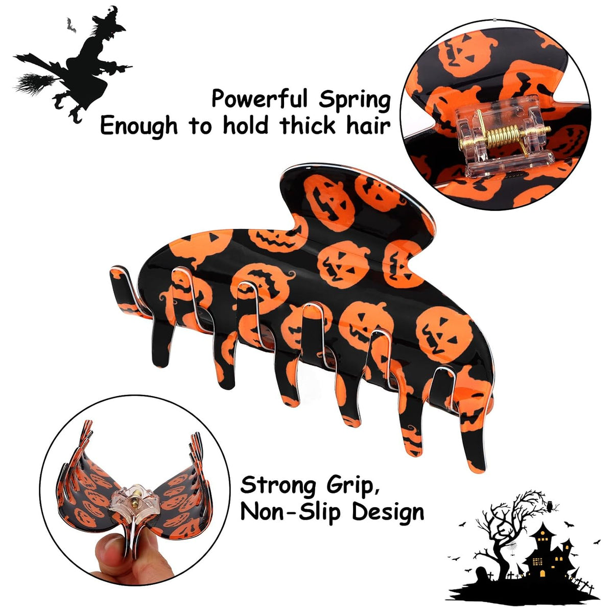 CAVETEE 4 Pack Halloween Hair Claw Clips for Women, Bat Ghost Cat Pumpkin Printed Acrylic Hair Clips for Holiday Party