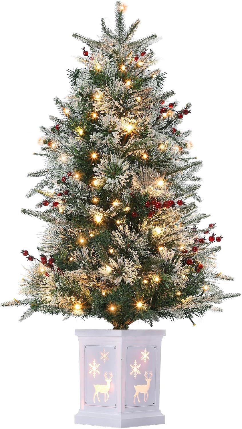 3 Ft Pre-Lit Christmas Tree, Artificial Christmas Tree with Base, Xmas Tree with Timer, Christmas Decoration for Home, Office, Easy Assembly