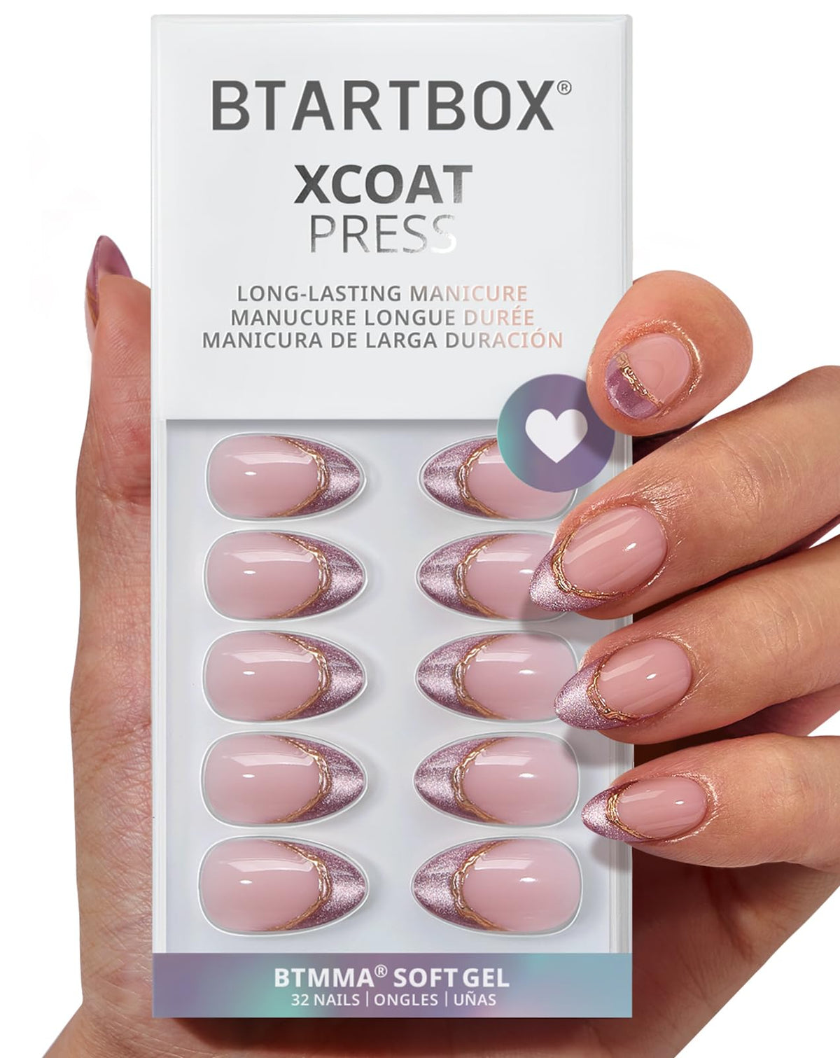BTArtbox Press On Nails, Liquid Radiance, Medium Almond, Cat Eye, 32Ct | Lamp-Curable 4-Week Wear, Salon-Quality Natural Nails, 10-Minute Easy Daily Application, 16 Sizes, All-in-One Complete Kit
