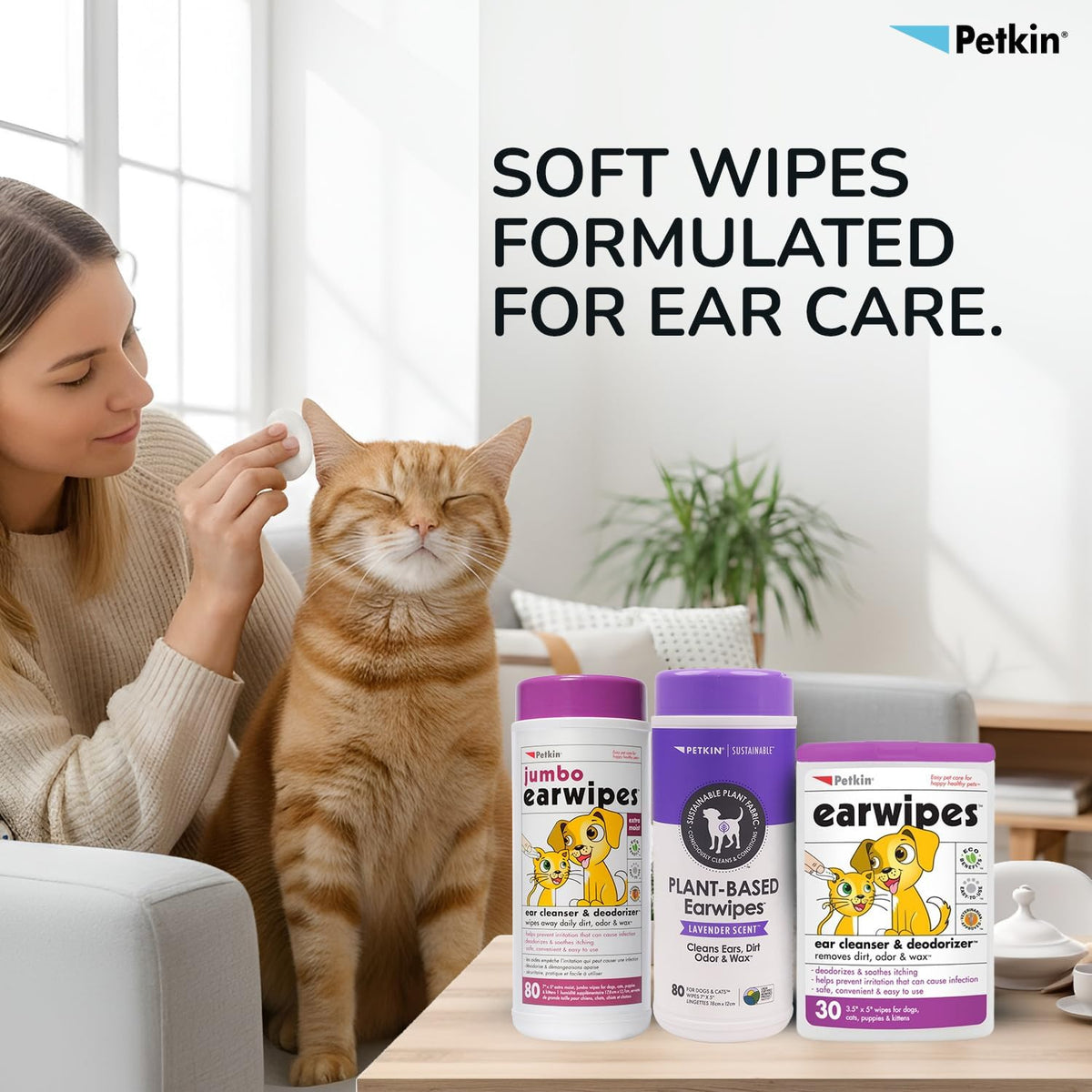 Petkin Jumbo Pet Ear Wipes, 80 Extra Moist Wipes - Soothing & Deodorizing Pet Ear Cleaner to Remove Dirt, Odor, & Wax - Safe, Convenient, & Easy to Use Pet Wipes for Dogs, Cats, Puppies & Kittens