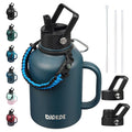 BJPKPK Half Gallon Insulated Water Bottles with Straw Lid & Side Handle, 64oz Large, Stainless Steel Water Bottles with 3 Lids and Paracord Strap, Metal Water Jug,Black
