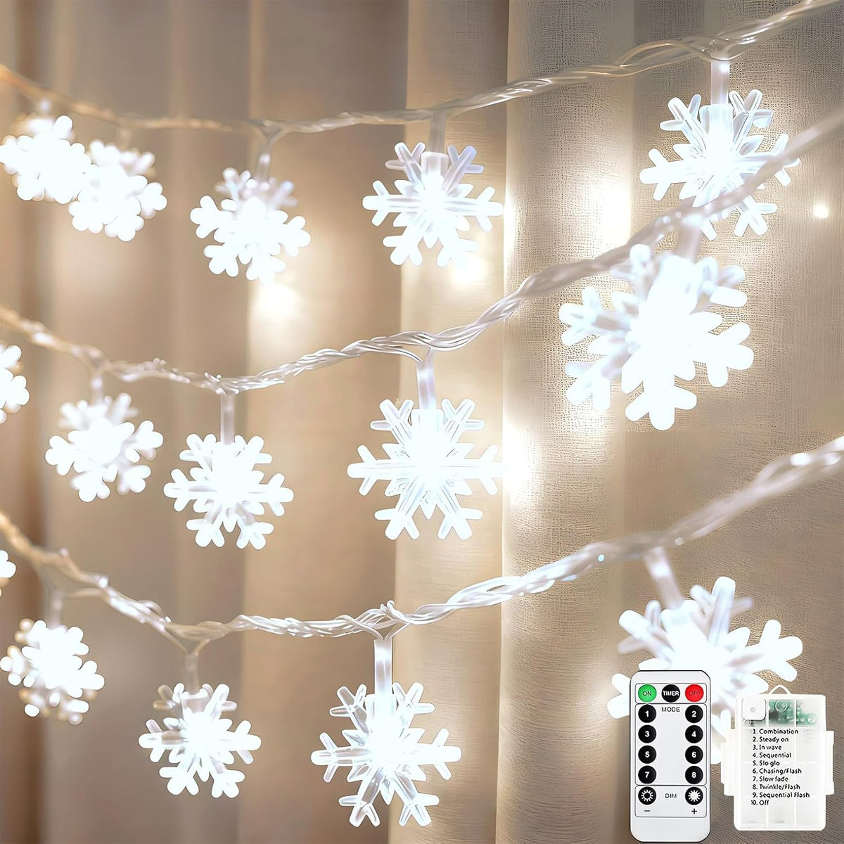 Christmas Snowflake Lights, 20ft 40LED 8 Modes & Timer Battery Operated Fairy Lights for Indoor/Outdoor Holiday Party Decorations (White)