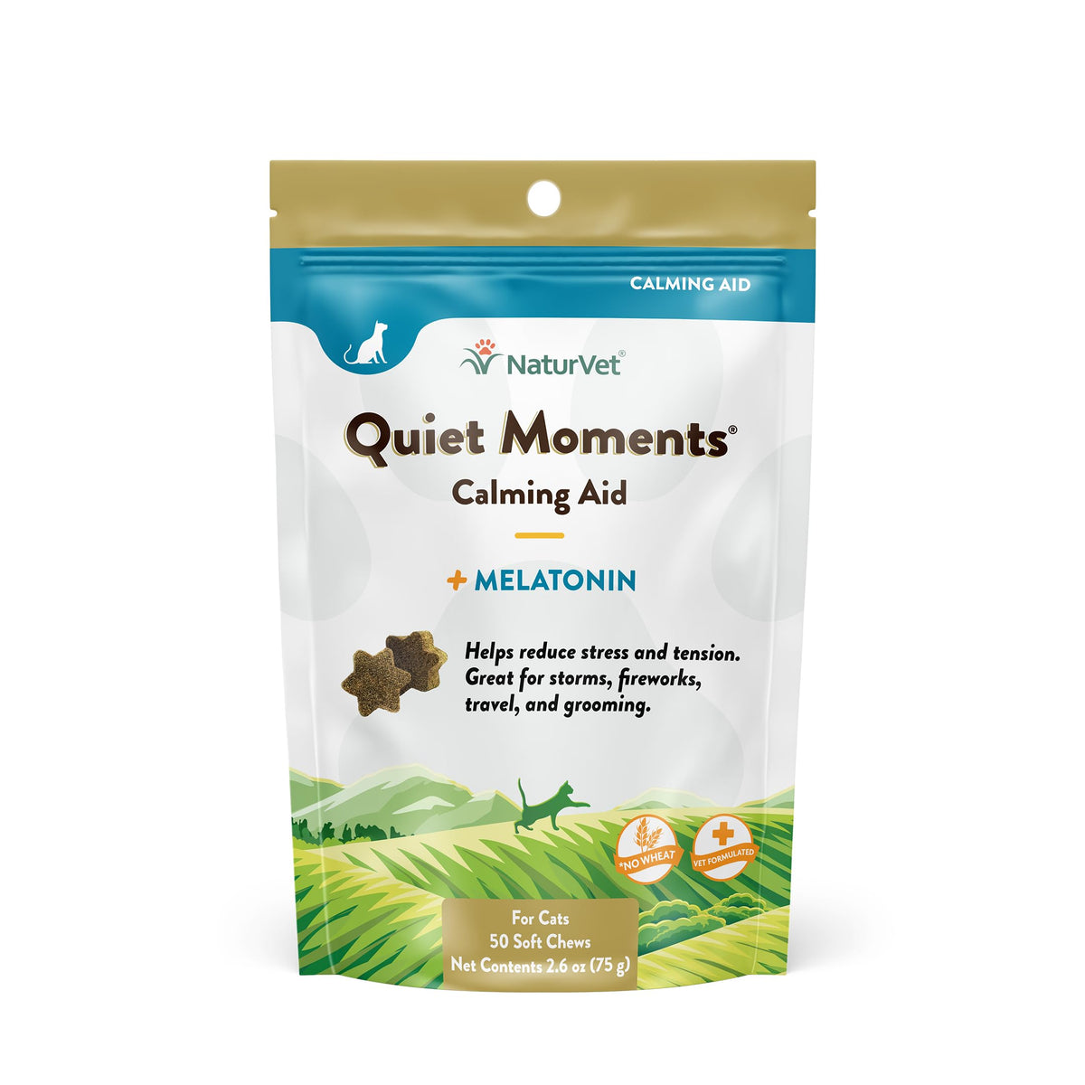 NaturVet –Quiet Moments Calming Aid for Cats Plus Melatonin – 60 Soft Chews – Helps Reduce Stress & Promote Relaxation – Great for Storms, Fireworks, Travel & Grooming