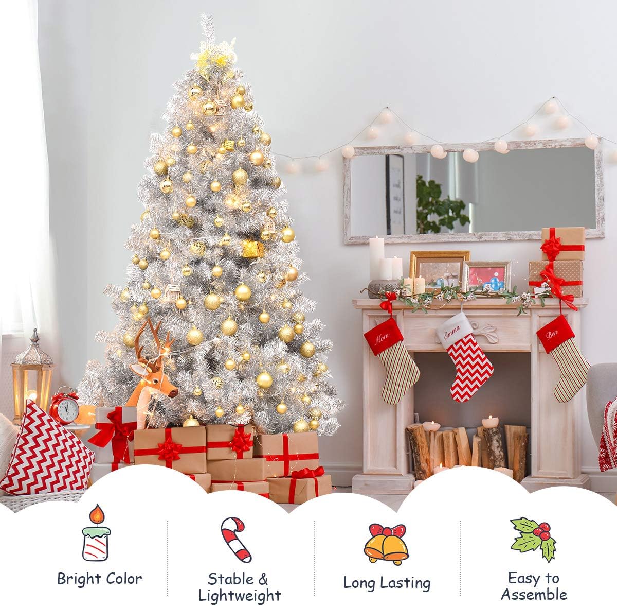 Goplus 6ft Sliver Artificial Christmas Tree with Electroplated Technolog