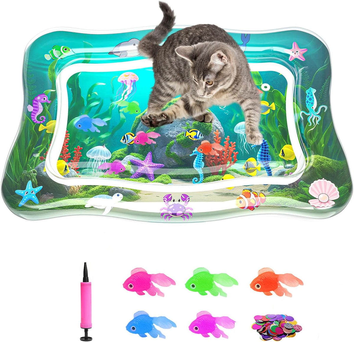 Interactive Cat Toy for Indoor Cats, Upgraded Cat Water Mat, Thickened Water Sensory Play Mat with Fish, Enrichment Stimulating Toy for Bored Adult Kitten Cats to Exercise, Hunting