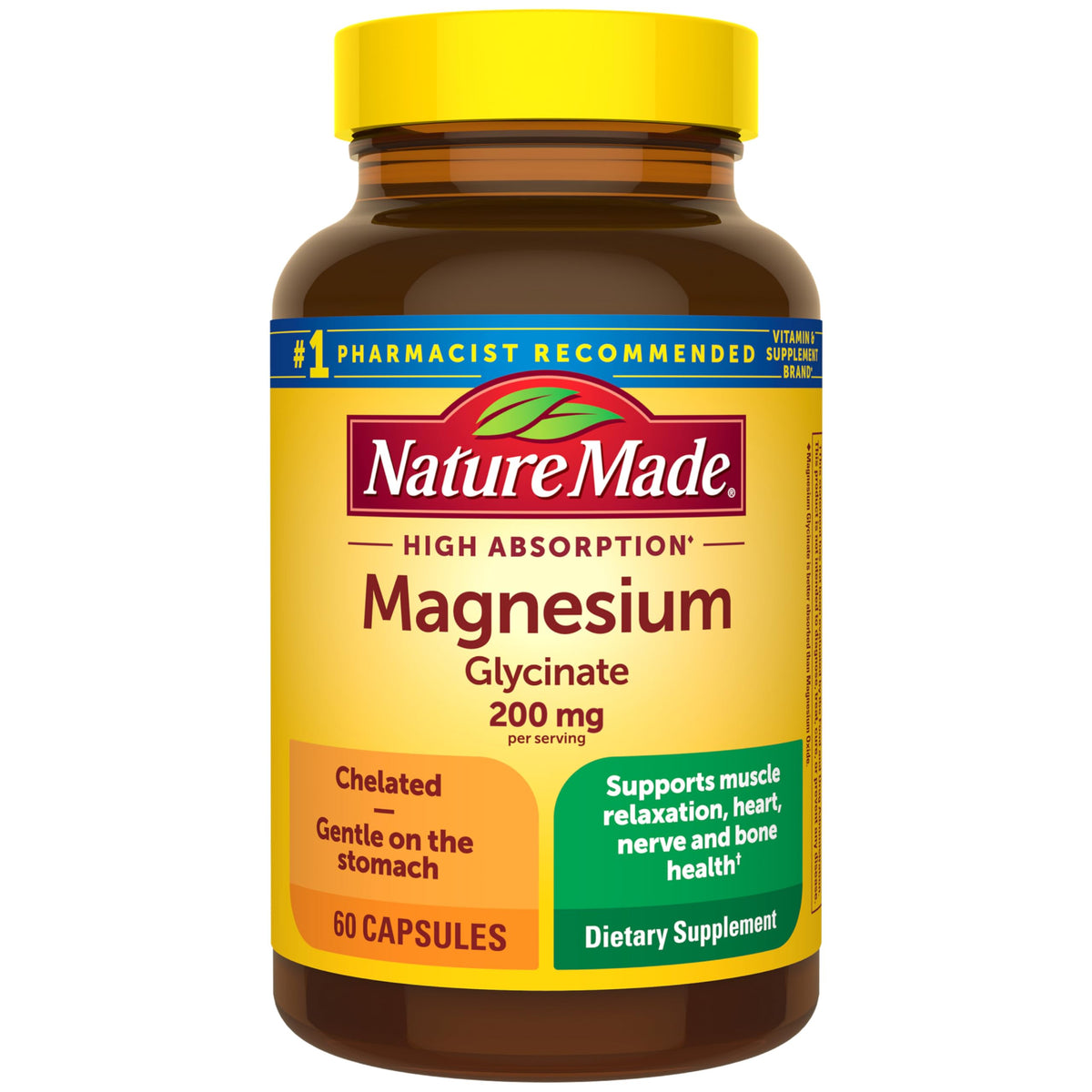 Nature Made Magnesium Glycinate 200 mg per Serving, 180 Capsules | High Absorption Magnesium Supplement for Muscle, Heart and Bone Support, Magnesium Bisglycinate Capsules, 90 Day Supply
