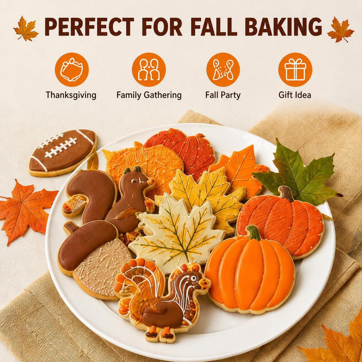 Fall Cookie Cutters Set, 8-Piece Thanksgiving Cookie Cutters with Pumpkin, Turkey, Football and Leaf Shapes, Stainless Steel
