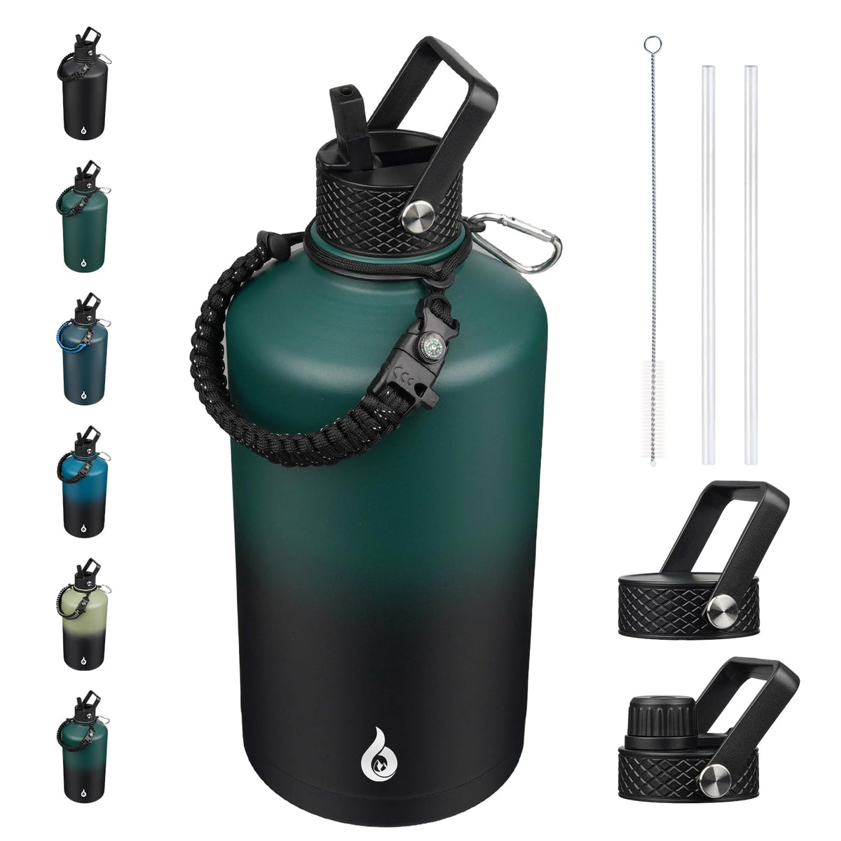 BJPKPK Half Gallon Insulated Water Bottles with Straw Lid & Side Handle, 64oz Large, Stainless Steel Water Bottles with 3 Lids and Paracord Strap, Metal Water Jug,Black