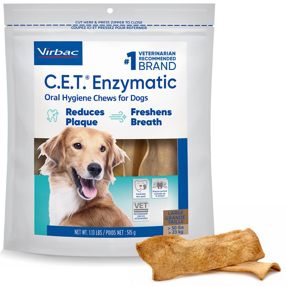 Virbac C.E.T.® Enzymatic Oral Hygiene Chews for Dogs, Medium - Plaque & Tartar Control - Single Layer Beefhide with Exclusive Dual-Enzyme System & Tasty Chicken Flavor - Easy to Give Dog Dental Chew
