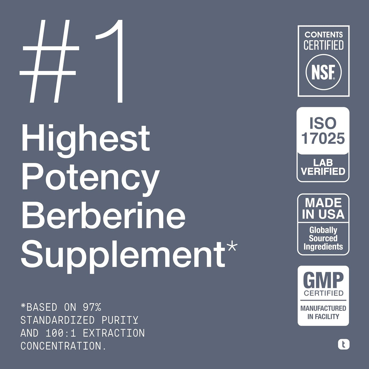 Toniiq NSF Certified Ultra High Strength Berberine HCl from The Himalayas - 100:1 Concentrated Extract - Lab-Tested 97% Berberine HCl - 90 Vegetarian Capsules, 500 mg per Capsule
