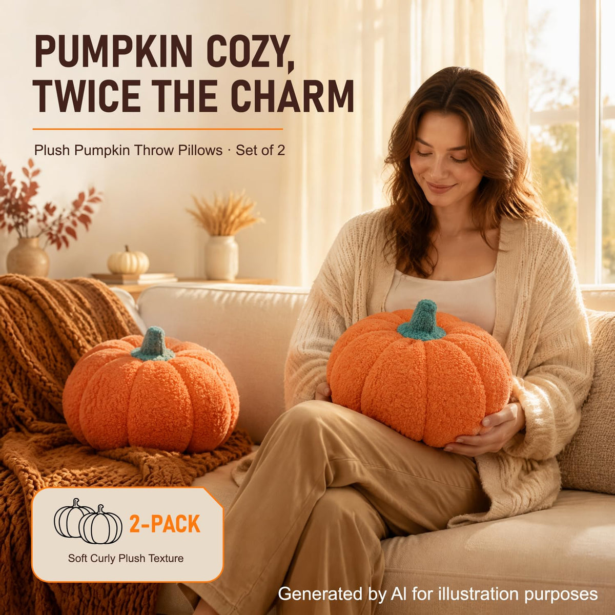13" Cute Pumpkin Throw Pillow for Fall Decor/Halloween, 1 Pack