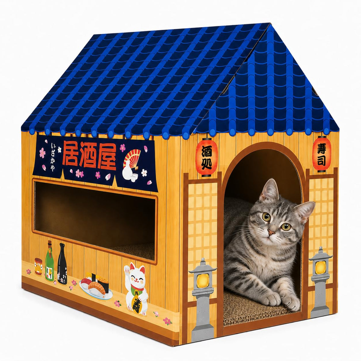 Cinrobiye Cardboard Cat House with Scratcher, Gothic Halloween Cat Scratcher Box with 2 Corrugated Scratch Pads, Open Top Indoor Cat Hideaway Bed for Cats and Kittens