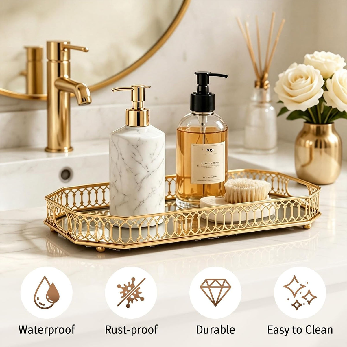 2 PCS Bar Cart Tray, Gold Mirror Tray with Handles for Home Decor