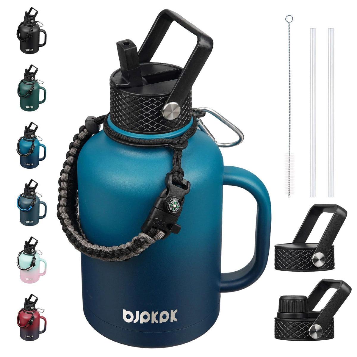 BJPKPK Half Gallon Insulated Water Bottles with Straw Lid & Side Handle, 64oz Large, Stainless Steel Water Bottles with 3 Lids and Paracord Strap, Metal Water Jug,Black