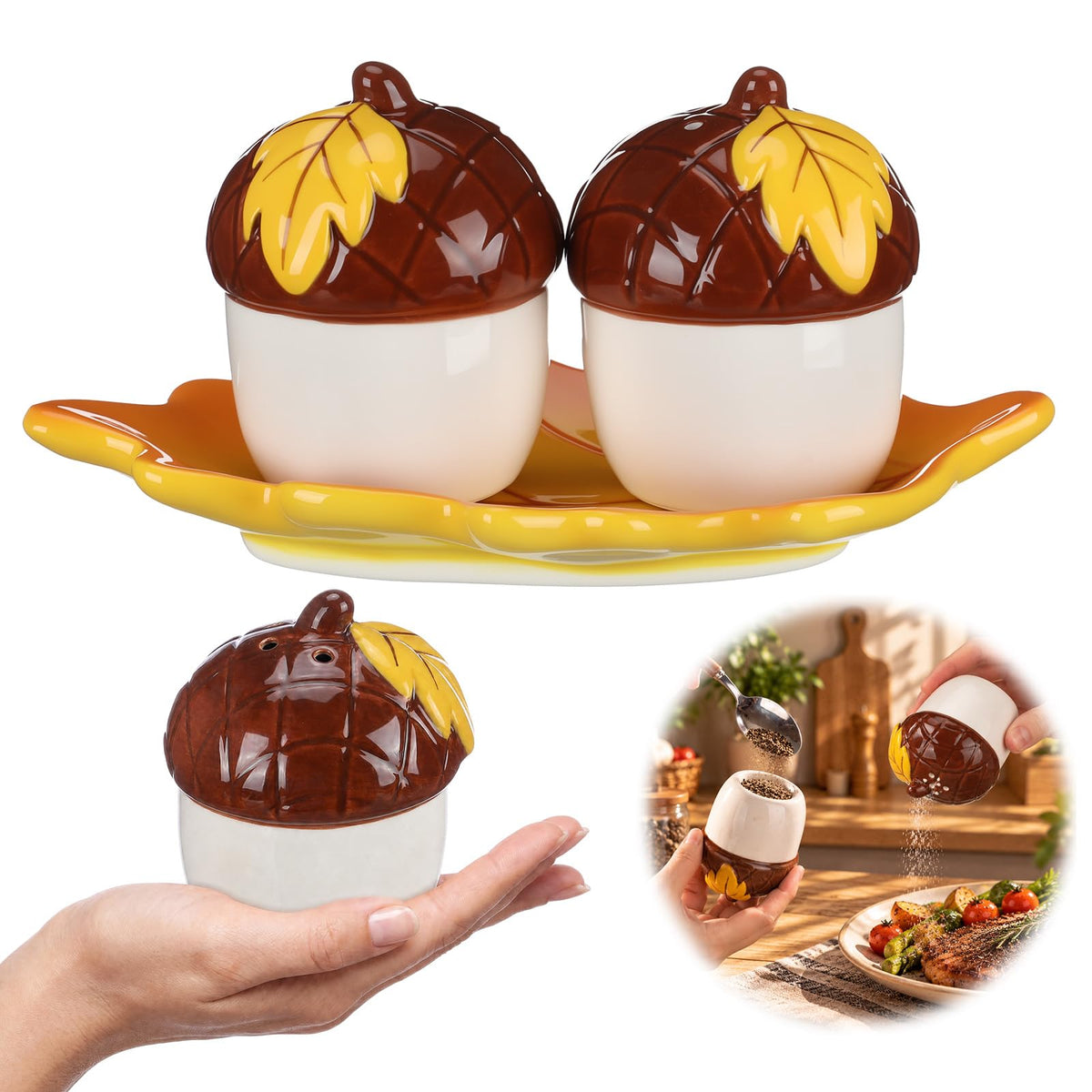 Set of 3 Thanksgiving Pumpkin Salt and Pepper Shakers with Tray Ceramic