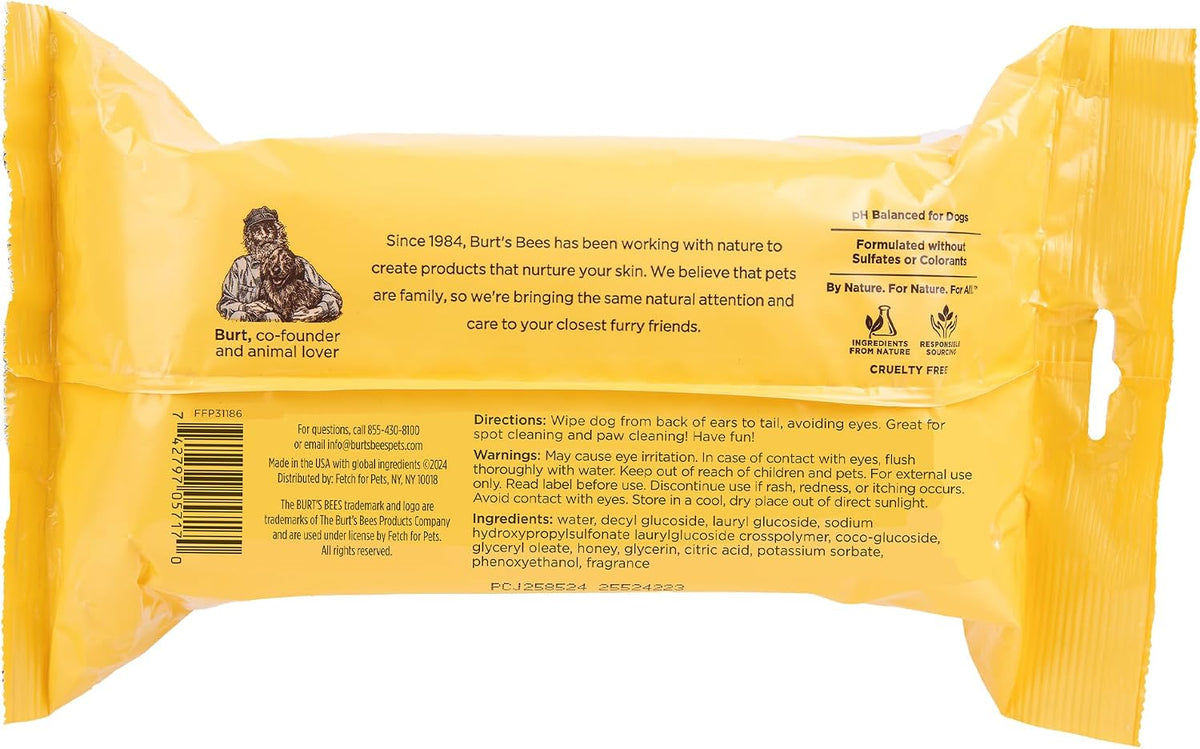 Burt’s Bees for Pets Multipurpose Dog Wipes, Honey and Grapefruit Scent - Hypoallergenic, 98% Natural Origin Wipes That Cleanse and Deodorize, Gentle Formula, 100 Count
