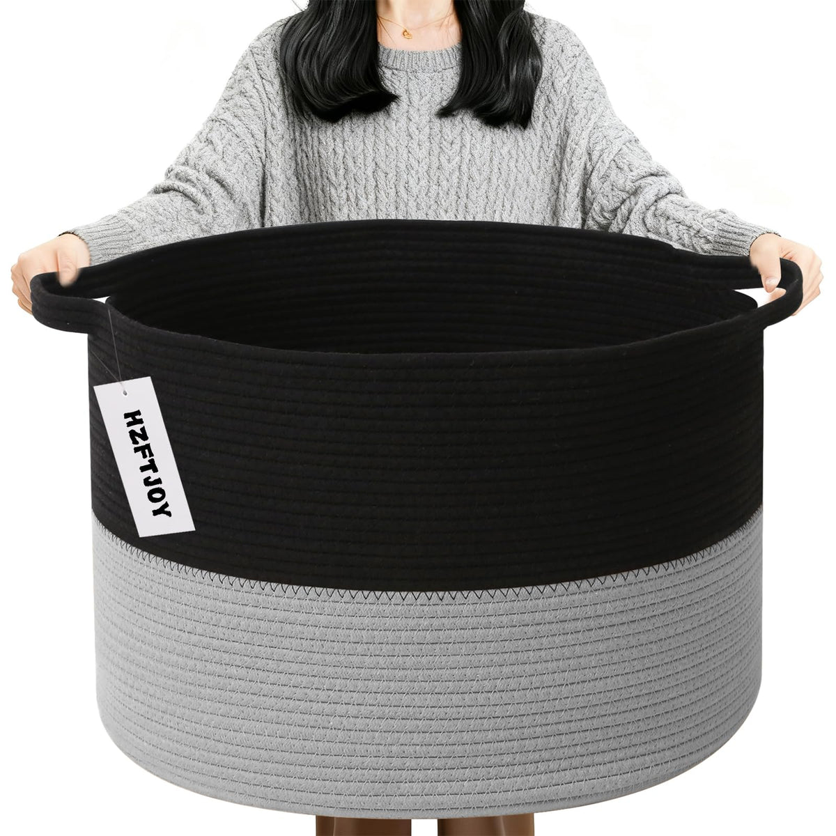 Large Woven Blanket Basket,65L Cotton Rope Laundry Basket Hamper with Handles, Decorative Nursery Basket Storage Bin for Toys, Clothes Organizer, Living Room, Bedroom, Bathroom, White & Brown