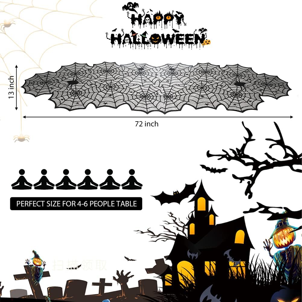 Halloween Table Runner, Black Lace Spider Web Table Runners for Halloween Decor/Party Dinner Table Decoration 18 x 72Inch