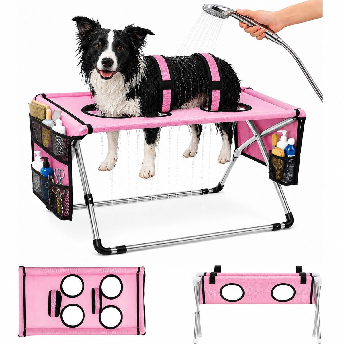 Dog Grooming Hammock Stand, Foldable Dog Bath Holder Sling Shower Chair | Heavy-Duty Pet Bath Stool for Small & Medium Dogs, Home Salon Grooming, Washable Mesh, Joint Support & Restraint(Blue,Base)