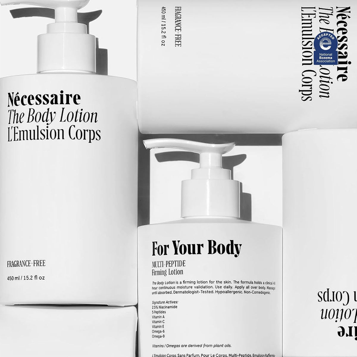 Nécessaire The Body Lotion - Fragrance-Free - Multi-Peptide Moisturizer - Firming Body Lotion for Women + Men. 2.5% Niacinamide. Non-Comedogenic + Hypoallergenic for Sensitive Skin – 450ml/15.2 fl oz