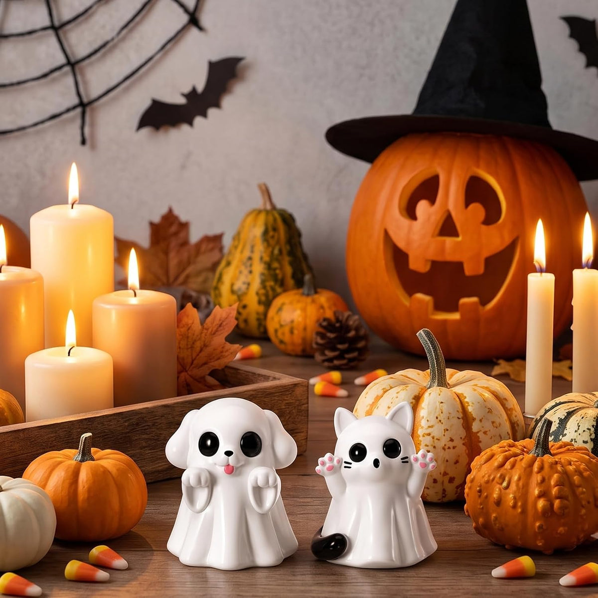 2Pcs Halloween Dog Cat Ghost Resin Figurines Statues Cute Spooky