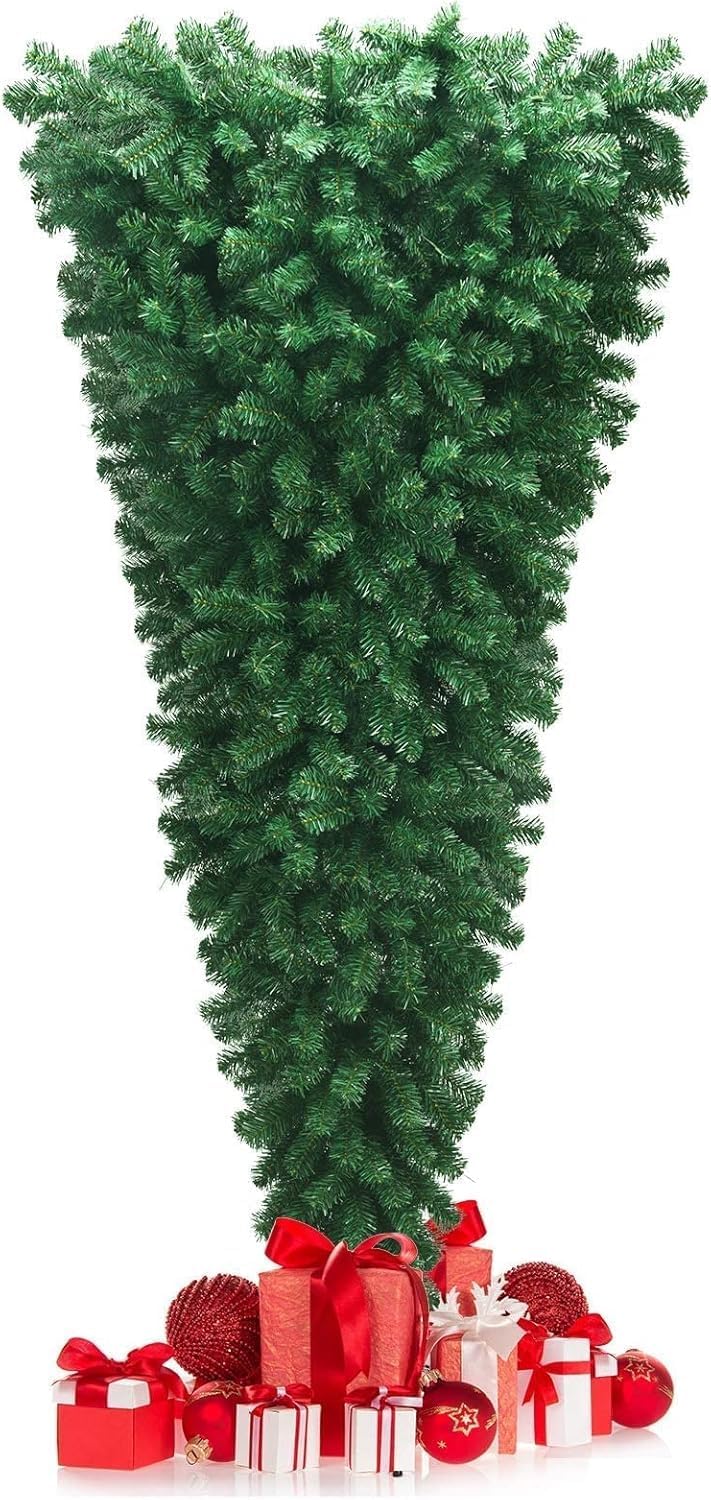 HAPPYGRILL 7ft Upside Down Christmas Tree, Artificial Xmas Tree with 1000 Branch Tips, Metal Stand, Green Inverted PVC Tree for Home Holiday Decoration