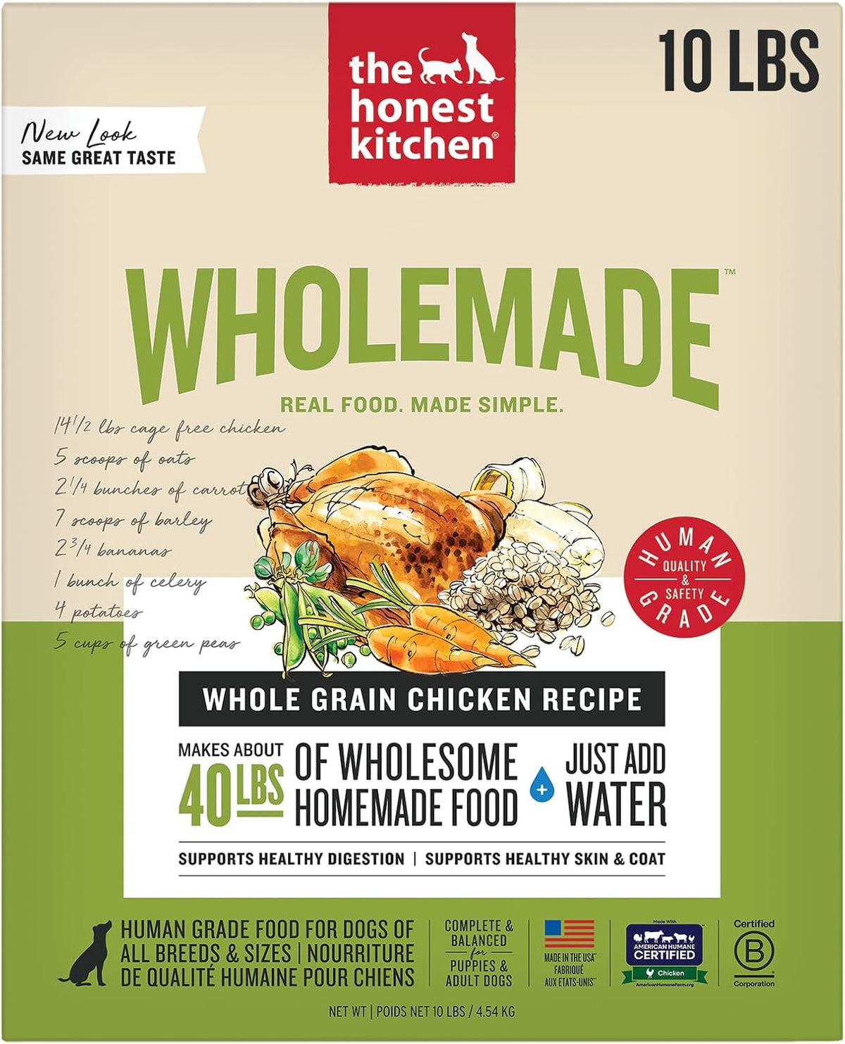 The Honest Kitchen Human Grade Wholemade™ Dehydrated Whole Grain Dog Food - Complete & Balanced Meal or Topper - Chicken, 10 Pound (makes 40 Pounds)