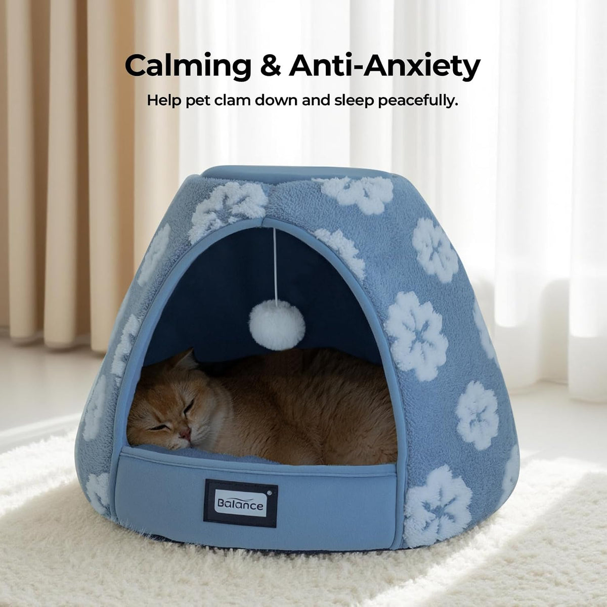 BALANCE Cat Beds for Indoor Cats, 2-in-1 Cat Bed Cave with Anti-Slip Bottom and Ultra-Soft Plush, Cozy Cats House Tent for Kittens and Small Dogs, 19 Inches, Blue