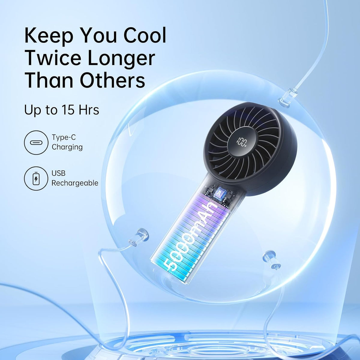 JISULIFE Handheld Portable Fan, 5000mAh Stronger and Longer-Lasting Battery | 5 Speeds, 12-Blade Turbo For Powerful Wider Wind, LED Display, Rechargeable Personal Fan for Travel Concerts Makeup-Black
