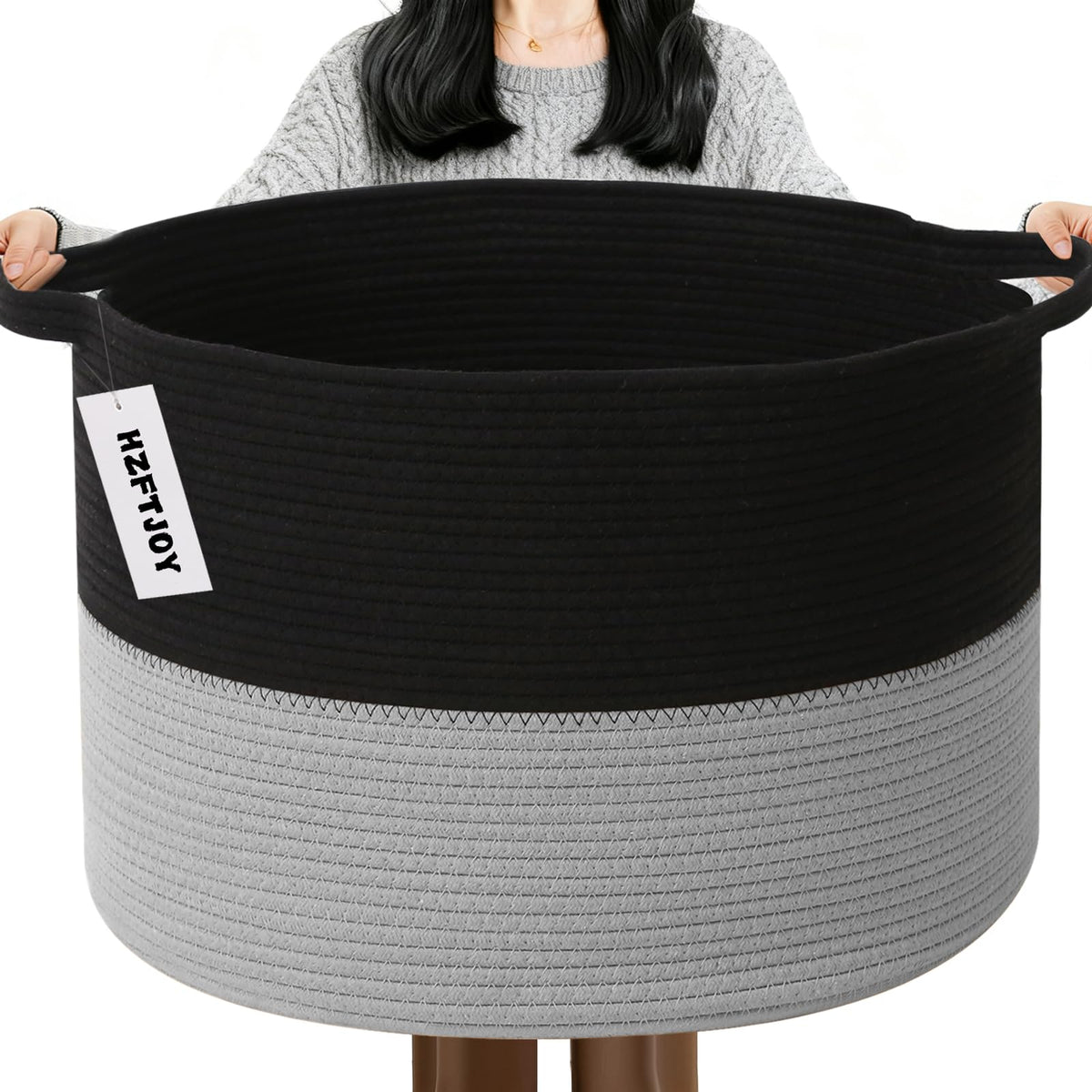 Large Woven Blanket Basket,65L Cotton Rope Laundry Basket Hamper with Handles, Decorative Nursery Basket Storage Bin for Toys, Clothes Organizer, Living Room, Bedroom, Bathroom, White & Brown
