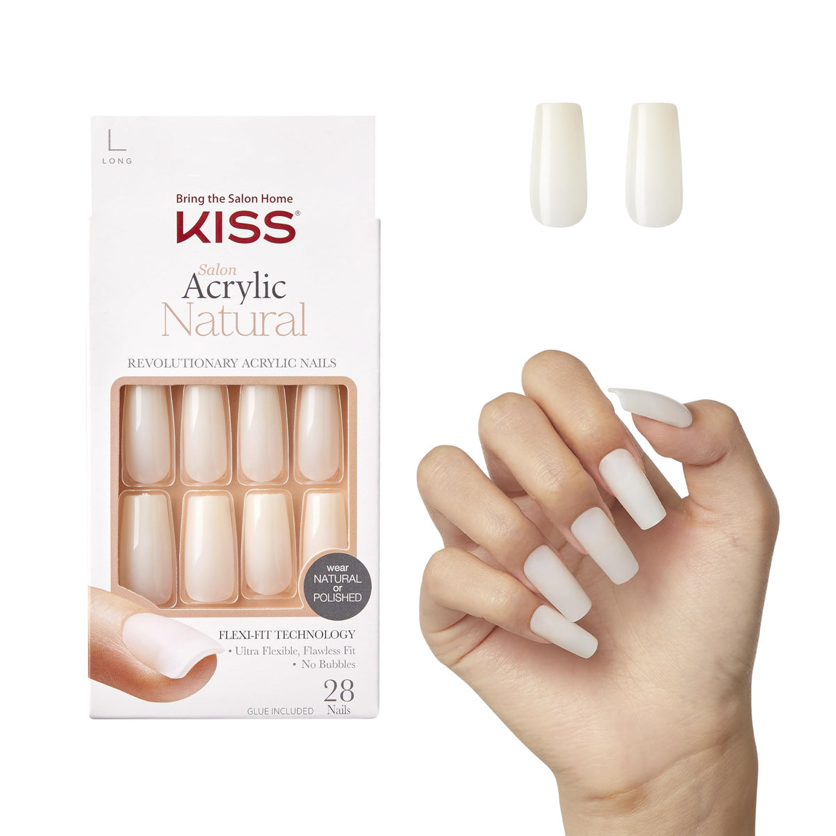 KISS Salon Acrylic Press On Nails, Nail glue included, 'Cashmere', French, Medium Size, Squoval Shape, Includes 28 Nails, 2g Glue, 1 Manicure Stick, 1 Mini file