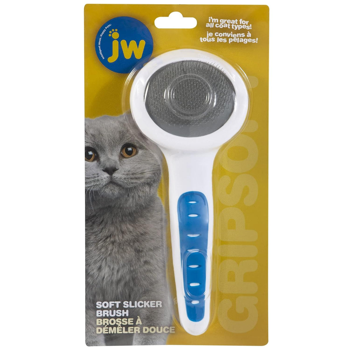 Petmate GripSoft Cat Brush, White and Blue, One Size Fits All Grooming Kit | Ergonomic handle grip, gentle bristle design, removes loose fur, comfortable for daily brushing sessions each single time