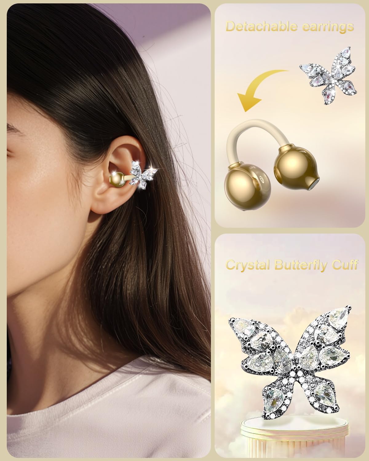 Alfu Clip On Earbuds with Detachable Butterfly Earrings, Open Ear Earbuds