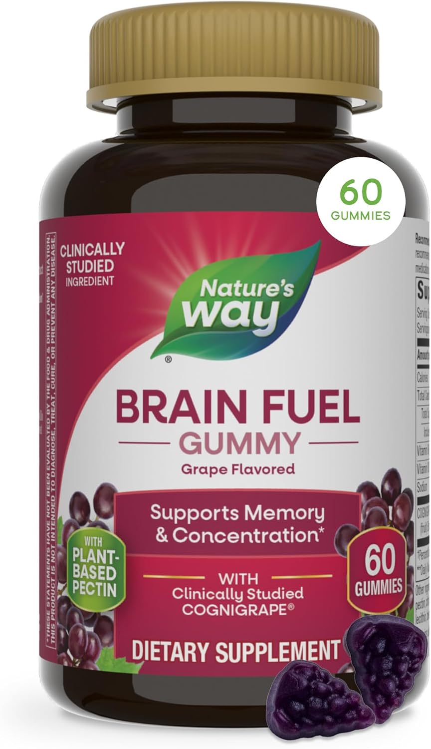 Nature's Way Brain Fuel Gummies, Brain Supplement for Focus and Memory Support,* Clinically Studied Cognigrape Supports Cognition,* Vitamins B6 & B12 Support Brain Function,* Grape Flavored, 60 Count