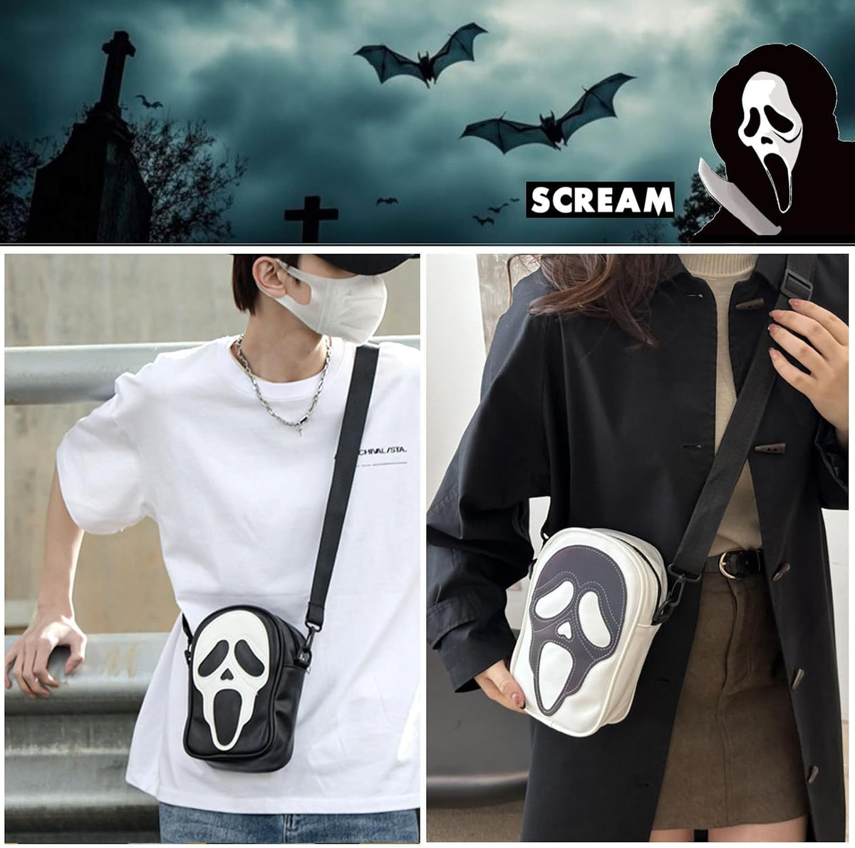 Tapp Collections Scream Ghost Face PU Crossbody Goth Sling Bag for Men And Women