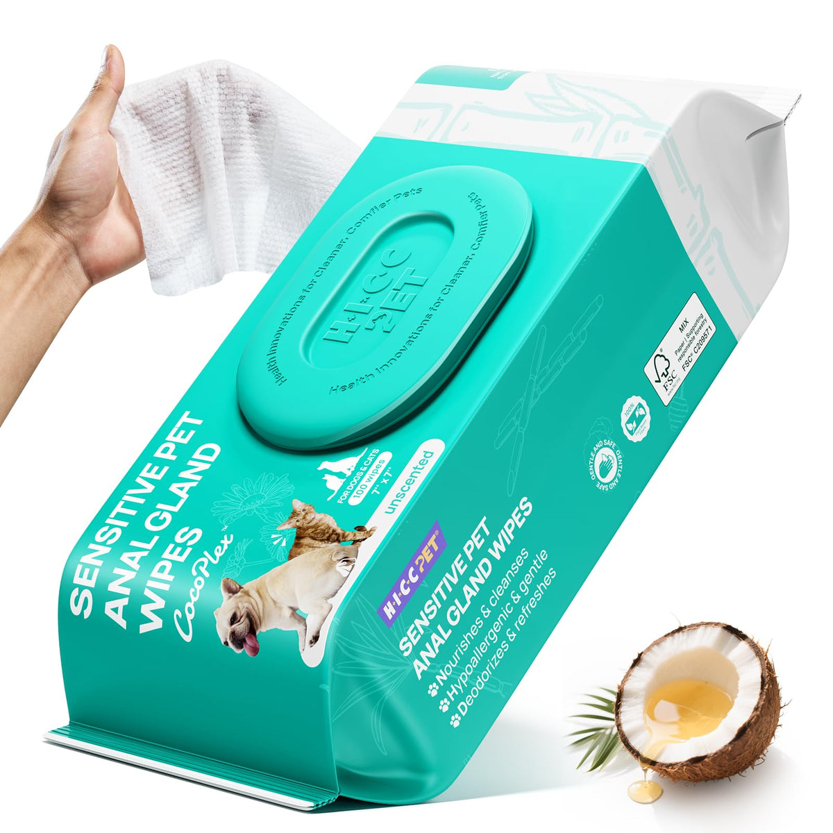 HICC PET Wipes for Dogs & Cats, Cleaning Deodorizing External Anal Area Wipes, Hydrating & Nourish Fur Dog Grooming Wipes for Paw, Butt, Body