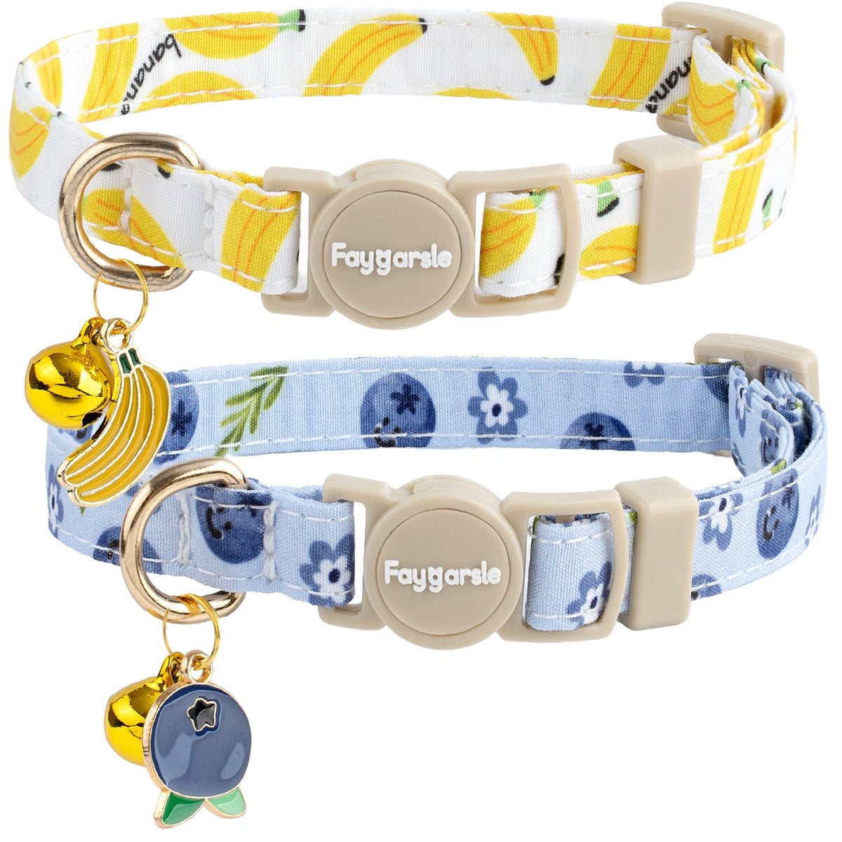Faygarsle 2 Pack Blueberry Pattern Cat Collar Set with Bandana and Bow Tie, Light Blue, Breakaway Style with Bell