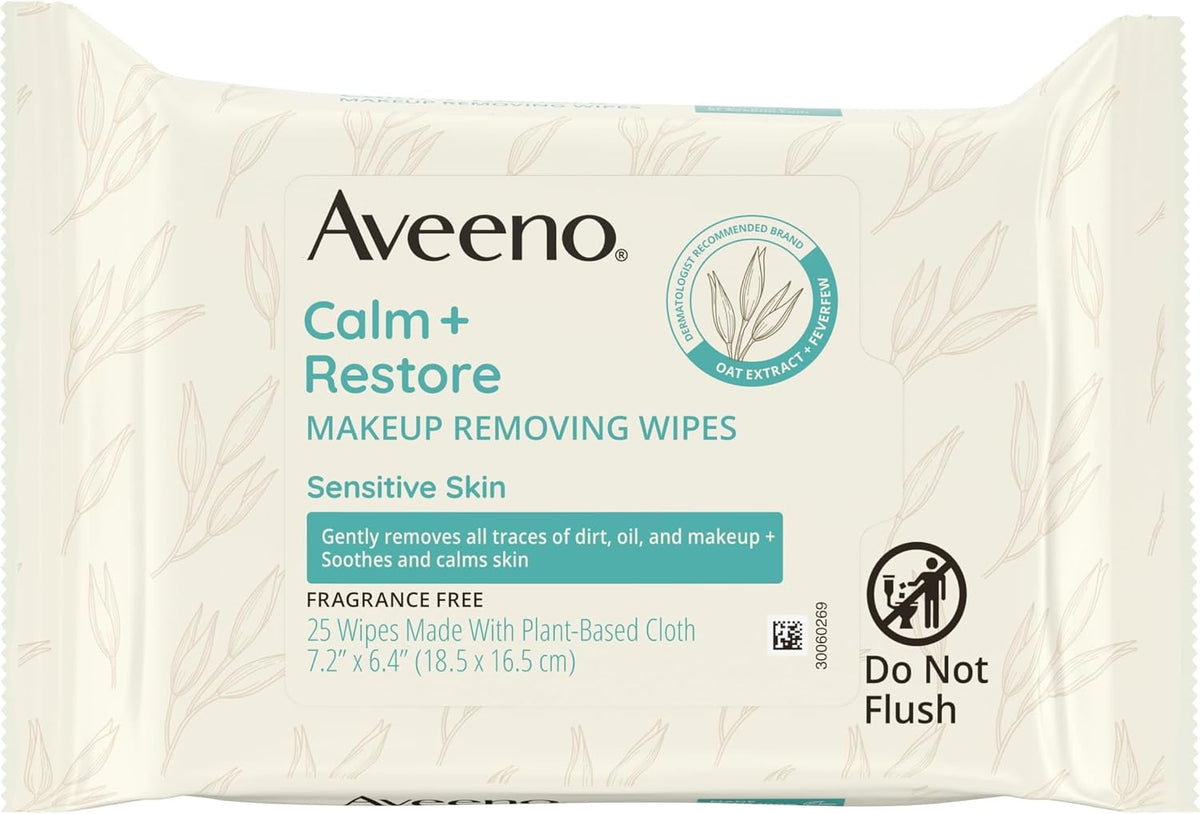 Aveeno Calm + Restore Unscented Makeup Remover Face Wipes, Fragrance Free Facial Cleansing Towelettes with Oat Extract & Calming Feverfew Leave Skin Feeling Soothed, Alcohol Free, 25 ct (Pack of 6)