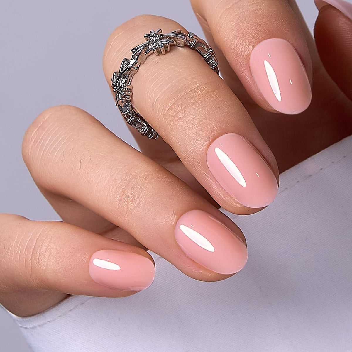 CurvLife Short Oval Chrome Nude Press On Nails, Champagne Pearl, Soft Gel | 32PCS 16 Sizes, Salon-Quality Natural Fake Nails, Curved Fit, 7-14 Day Glue-On Wear, Reusable Stick-On Nails, Press-On Kit