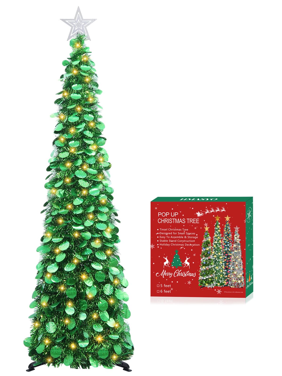 HMASYO 6 FT Pop Up Christmas Tree with 100 LED Timer Lights & Remote, Green Christmas Tinsel Tree, Collapsible Artificial Pencil Tree for Home Office Party Decor, USB Powered, Easy Assembly