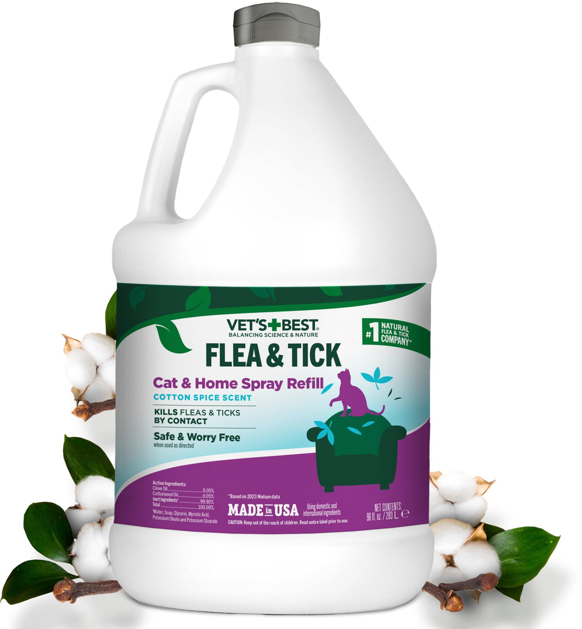 Vet’s Best Flea & Tick Home Spray for Cats – Plant-Based Flea and Tick Treatment with Cotton Spice Scent – Gentle Flea Mist for Indoor Use – Made in USA Natural Cat Flea Control – 32 oz