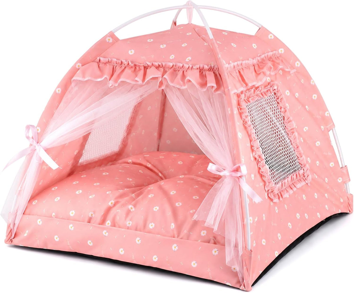 Pink Princess Cat Bed Dog Tent, Indoor House for Small Puppies and Kittens | Portable Pet Teepee Bunny Nest Foldable Cozy Cave Hideaway Washable Cushion Reversible Mat Home Use, 15.7 x 15.7 x 14.6 in